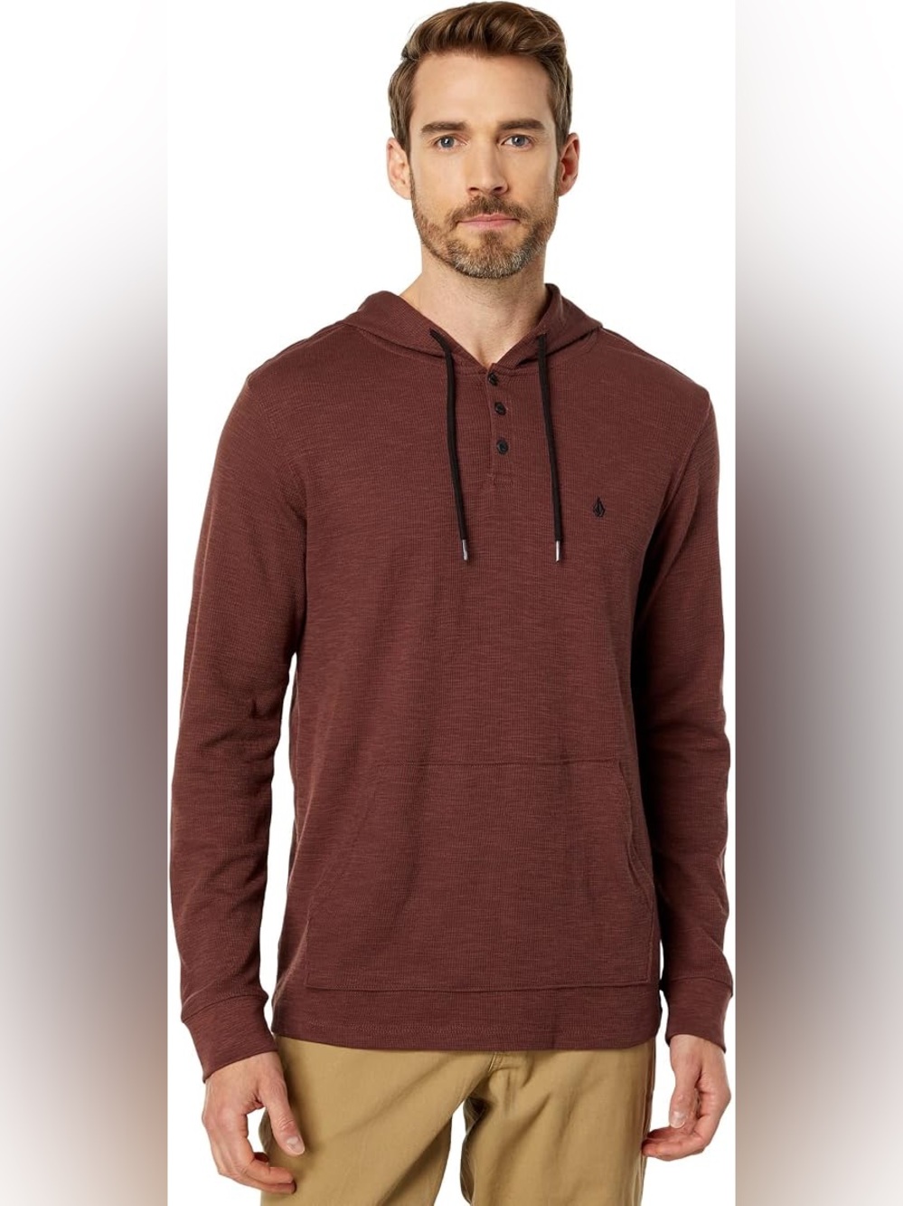 XXL Volcom Hoodie Mens Henley Lightweight Skateboarding Pullover Cotton Maroon